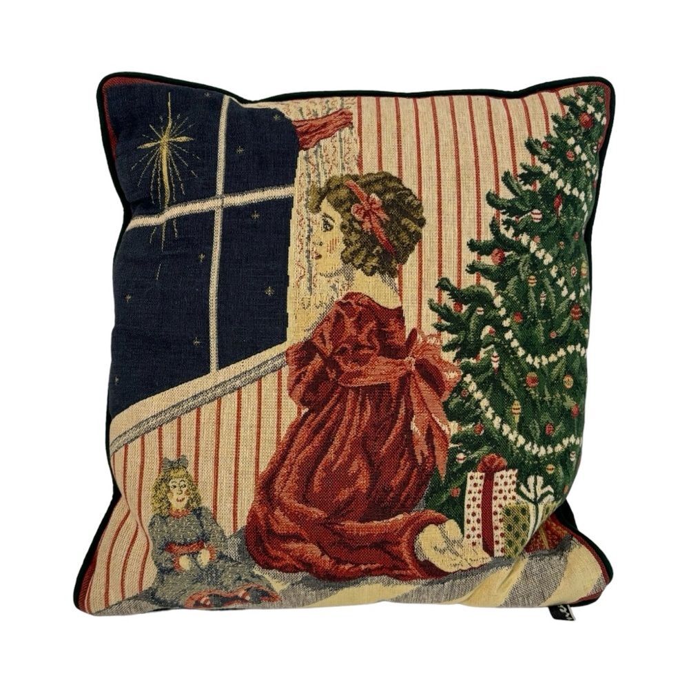 Vintage Newport Tapestry Holiday Accent Pillow Victorian Girl Christmas Tree